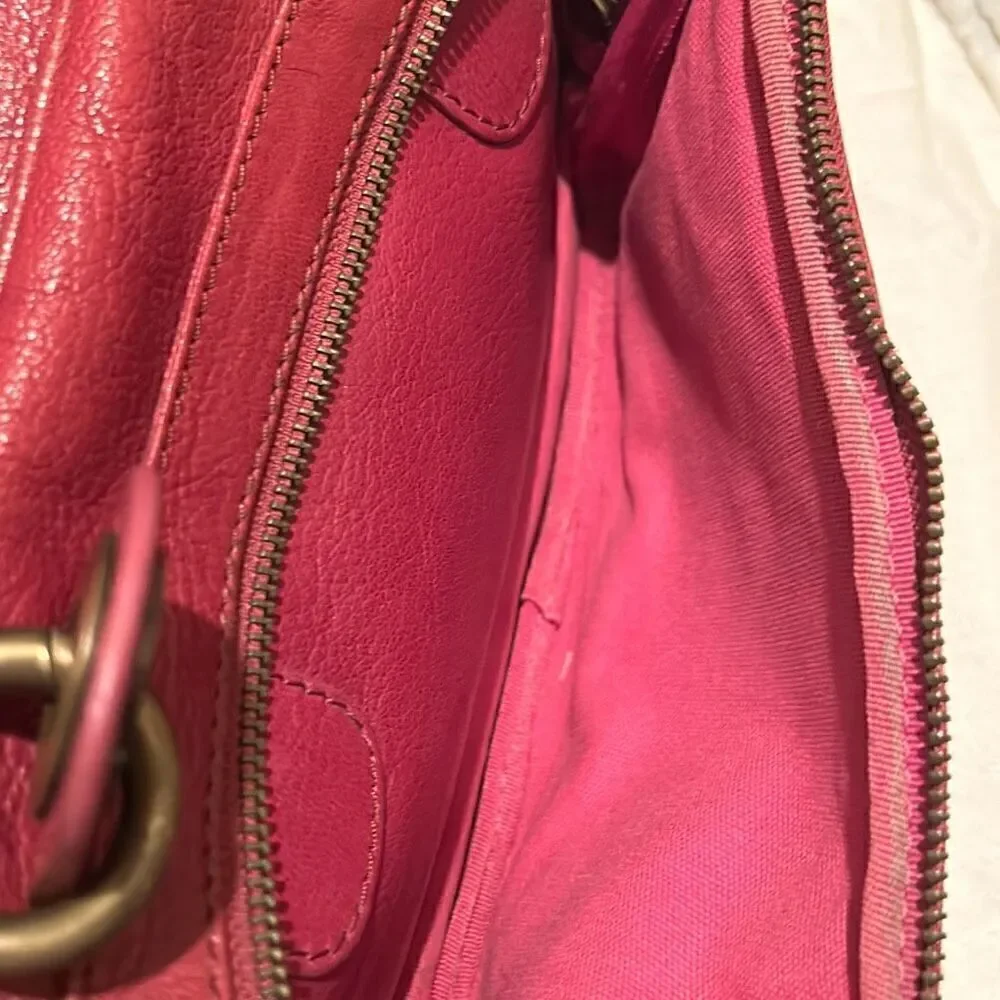 Moschino Top Handle Travel Tote Bag Deep Pinkish Red Leather Gold Hardware